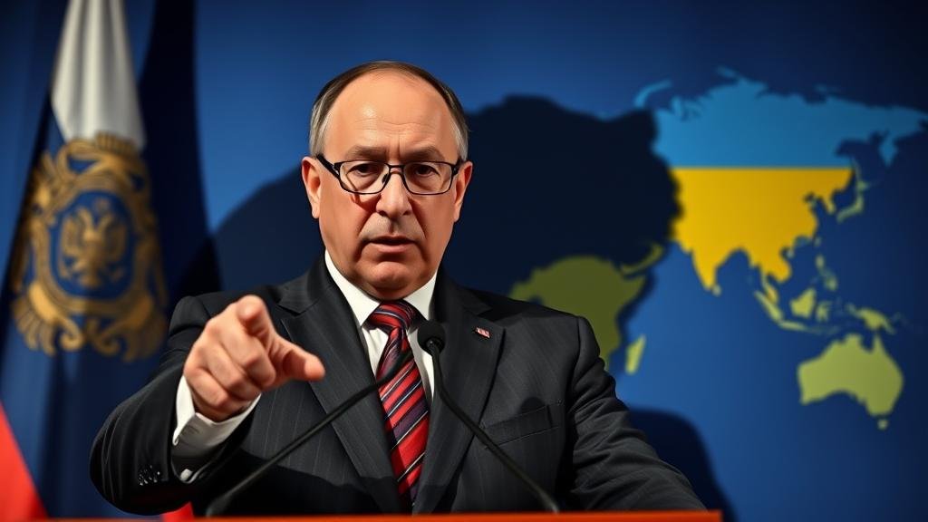 A photorealistic image of Russian Foreign Minister Sergei Lavrov at a press conference, with a dramatic shadow of a bear behind him, symbolizing the Lavrov ultimatum. He is pointing assertively at the viewer, with a backdrop of a Russian flag and a world map focused on Ukraine.