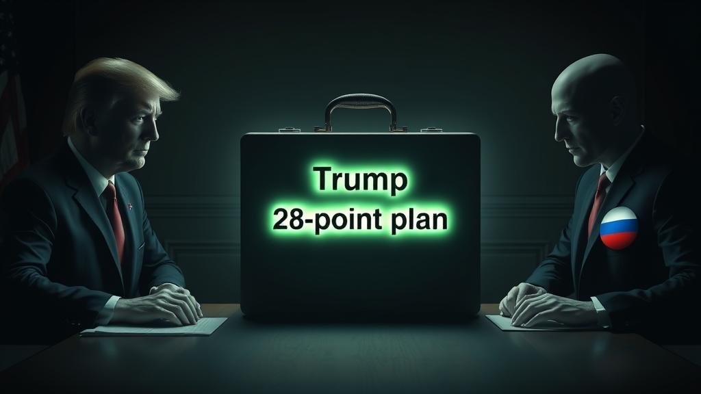 A conceptual art piece depicting a mysterious, glowing briefcase labeled 'Trump 28-point plan'. The briefcase is sitting on a negotiation table between two shadowy figures, one with an American flag pin and the other with a Russian flag pin. The room is dark, suggesting secrecy and backroom deals.