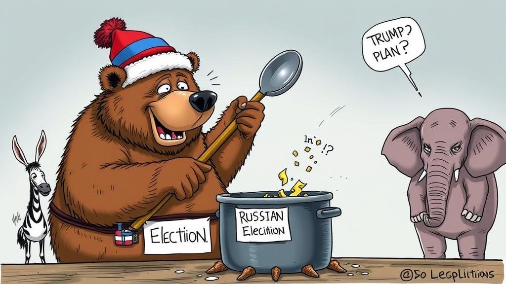 A political cartoon illustrating the theme of geopolitics and the US election. A large bear wearing a Russian ushanka hat is shown stirring a pot labeled 'US Election' with a large spoon, adding ingredients labeled 'Trump Plan' and 'Disinformation'. In the background, figures of a donkey and an elephant look on in confusion and alarm.