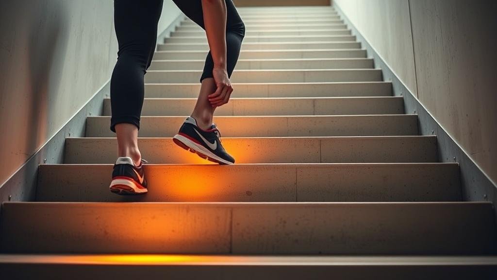 A person focusing on putting on a single running shoe at the bottom of a staircase, with the first step glowing brightly.