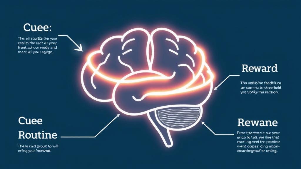 Infographic of the brain showing the habit loop: Cue, Routine, Reward.