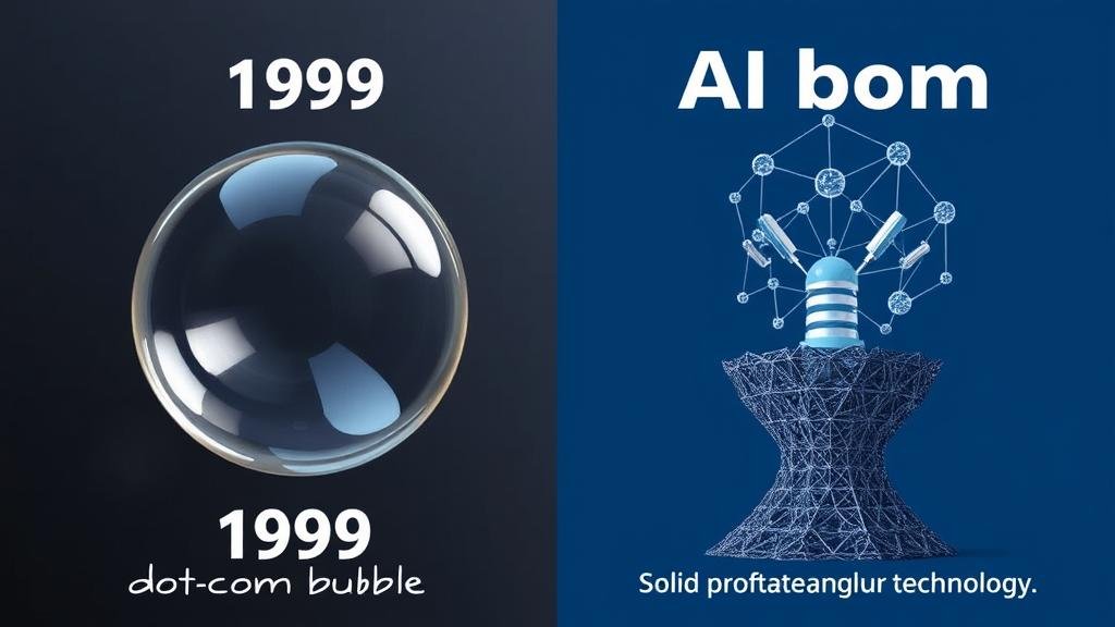 A split image comparing the dot-com bubble of 1999, shown as a bursting soap bubble, with the current AI boom, depicted as a solid, profitable foundation built on tangible technology.