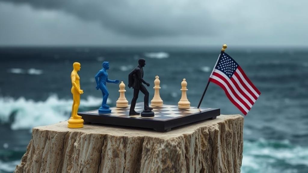 A metaphorical chess game between Russia, Ukraine, and the US on a cliff's edge, symbolizing high-stakes diplomacy.