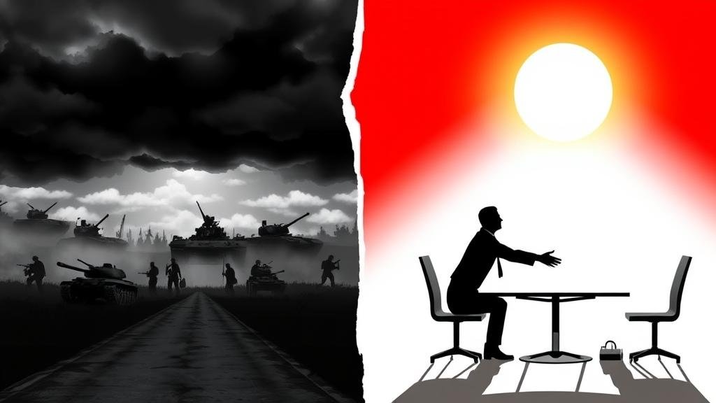 A Russian bear drawing a red line in the sand, separating Ukraine from NATO flags, illustrating Russia's demands.