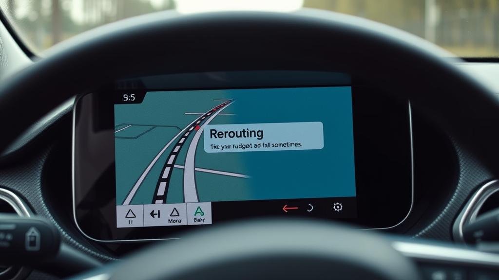A GPS showing a car that has taken a wrong turn, with the screen displaying a rerouting message, symbolizing that it's okay for a budget to fail sometimes and to simply readjust.