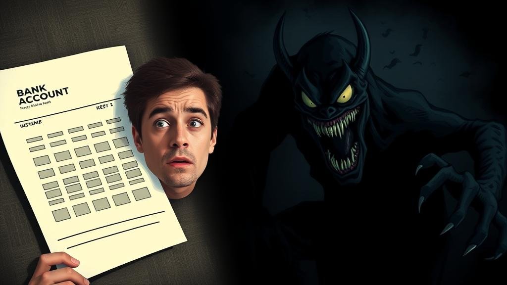 A person looking anxiously at their bank account, which is depicted as a scary monster lurking in the dark.