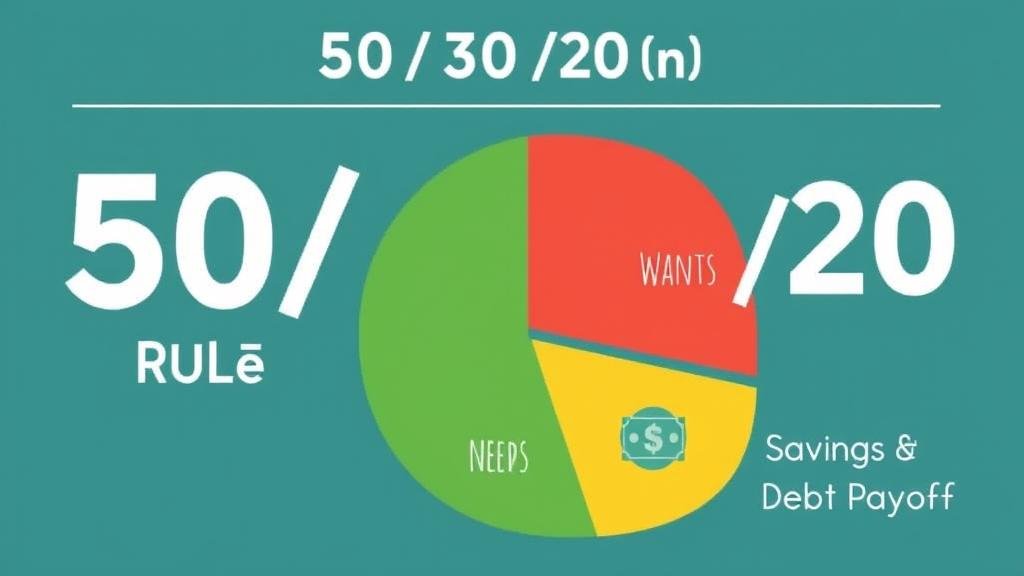 A friendly and easy-to-understand illustration of the 50/30/20 rule, with a pie chart divided into Needs, Wants, and Savings & Debt Payoff, with icons representing each category.