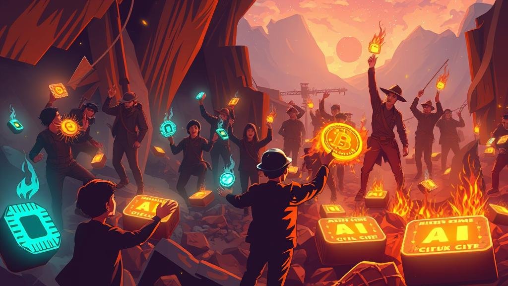A dynamic illustration of a 'gold rush' scene, but instead of gold, people are excitedly mining for glowing AI chips and GPUs, symbolizing the AI chip boom and inflated valuations.