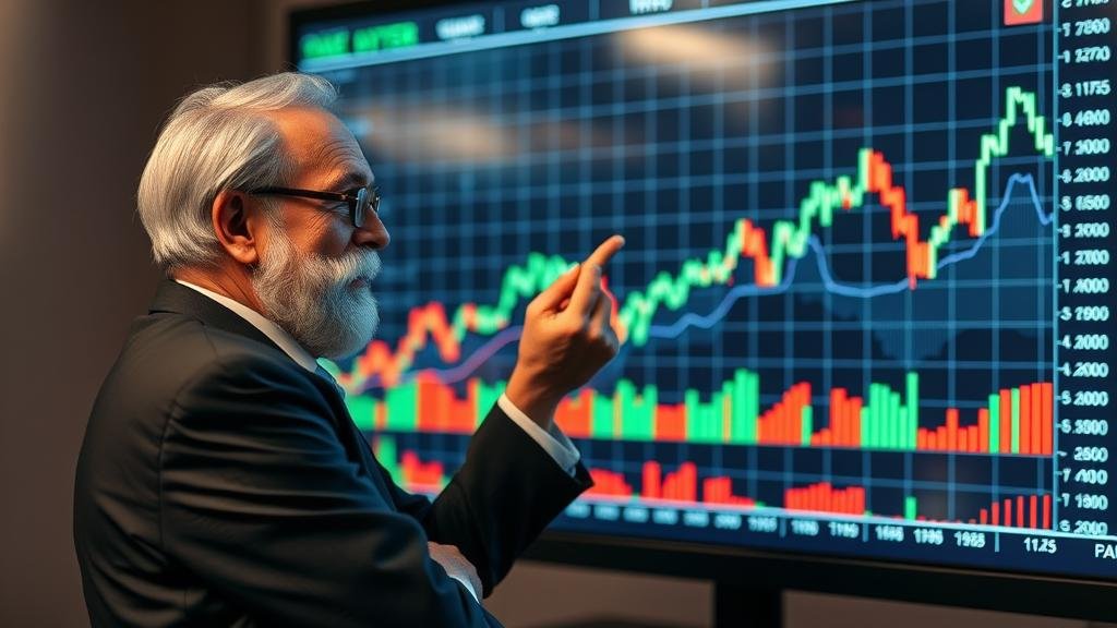 A wise, reassuring investor-type figure calmly looking at a volatile stock chart on a screen. The figure is pointing towards a distant, upward-trending line, symbolizing a long-term strategic outlook amidst the chaos. The overall mood should be calm and strategic, not panicked.