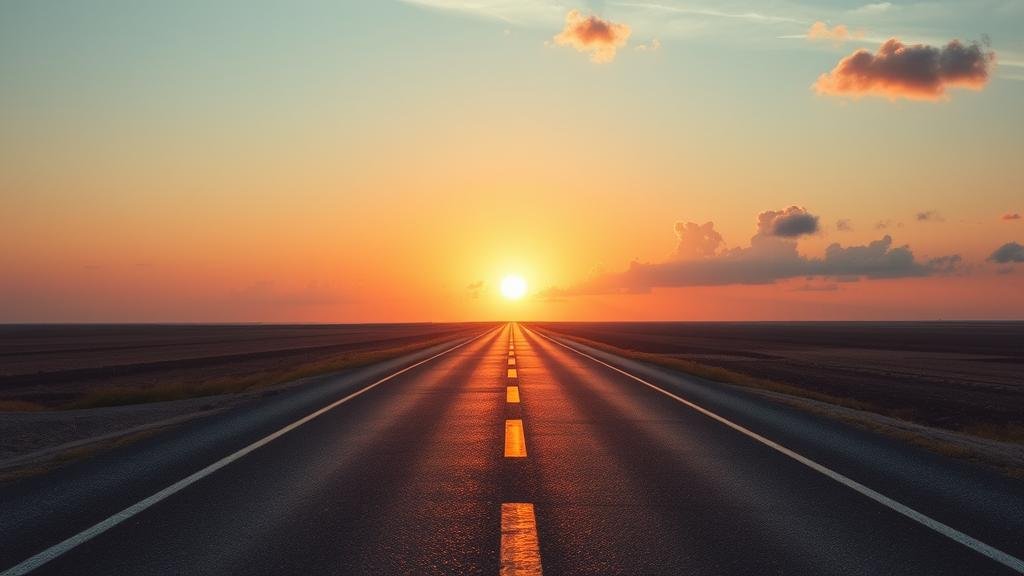 A road paved with microchips stretching towards a hopeful sunrise, symbolizing the cautiously optimistic and transformative future of the AI industry, with some clouds indicating potential volatility.