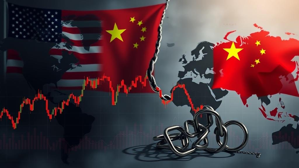 A dramatic image of a global stock market chart taking a sharp downturn. In the background, there are subtle representations of geopolitical tensions, like the flags of the US and China with a crack between them, and a tangled supply chain, representing the market correction.
