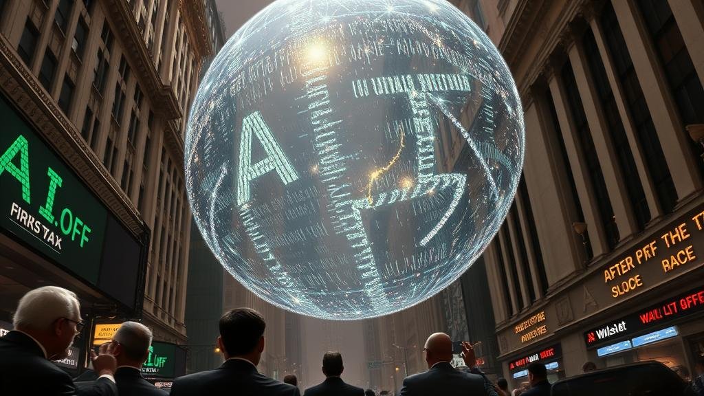 A futuristic cityscape with a giant, glowing NVIDIA logo at its center, symbolizing its crucial role in the AI revolution. The city is bustling with robotic activity and holographic data streams, representing the 'AI Gold Rush.'