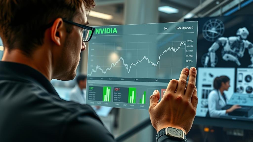 An everyday person looking at a transparent screen displaying a diversified investment portfolio, with the NVIDIA stock chart visible but balanced by other assets. In the background, scenes of AI integrated into daily life (healthcare, transportation) illustrate the broad impact of the technology.