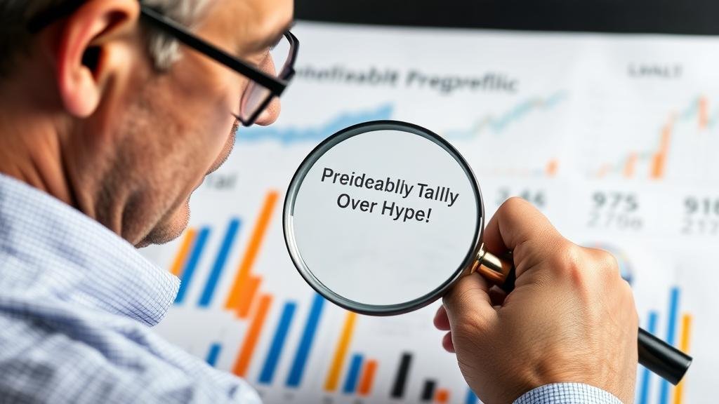 An investor studying a diversified portfolio, with a magnifying glass focused on the solid fundamentals of a company, illustrating the importance of profitability over hype.