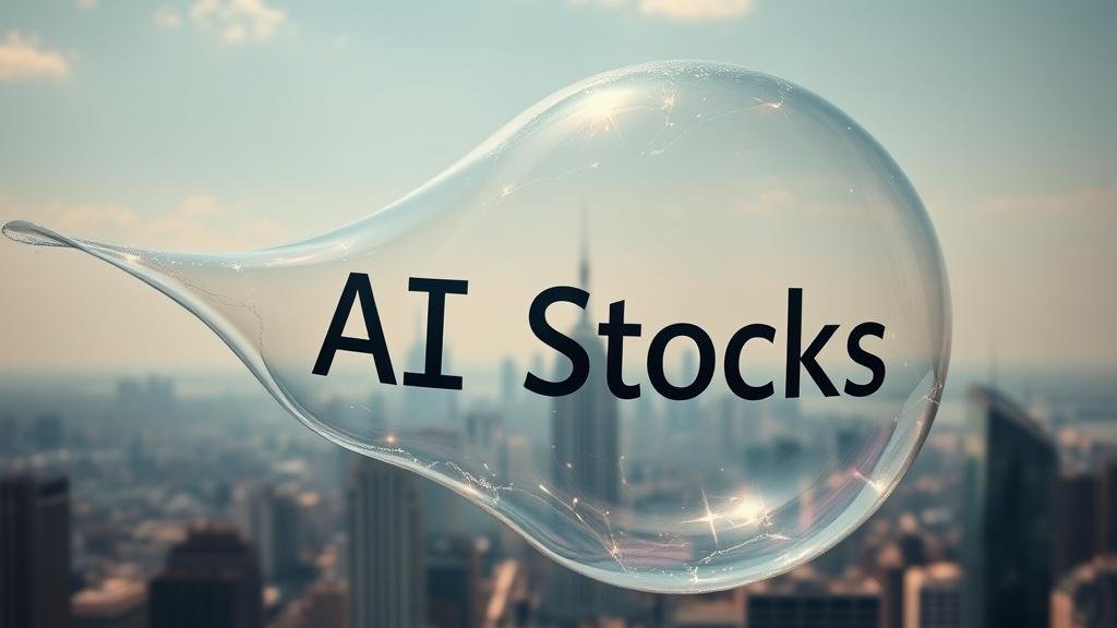 A surreal image depicting a large, shimmering soap bubble with 'AI Stocks' written on it. The bubble is stretched and wobbling, about to pop over a cityscape, representing the uncertainty of whether the market is a bubble about to burst or just going through a healthy correction.
