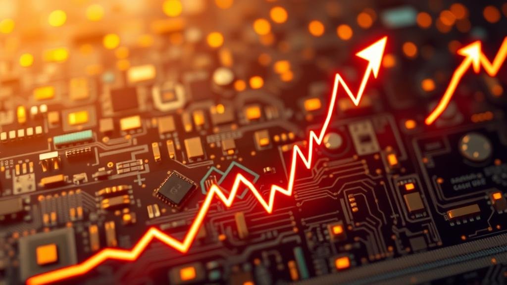 A dramatic image of a stock market graph plummeting downwards, with glowing semiconductor chips and circuit board patterns in the background, symbolizing the AI chip market correction.