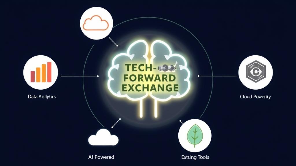 An illustration of a central brain icon labeled 'Tech-Forward Exchange' orbited by icons for Data Analytics, Cloud Power, AI Security, and ESG Reporting.