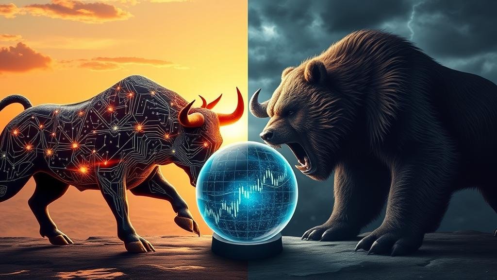 A symbolic face-off between a powerful, charging bull and a formidable, growling bear. The bull is composed of glowing circuit patterns and bullish stock arrows, while the bear is made of bearish chart lines and darker, more chaotic data streams. They are clashing over a crystal ball that shows a fluctuating stock market graph for AI and tech. The background is split, with one side showing a bright, optimistic sunrise and the other a stormy, uncertain sky.