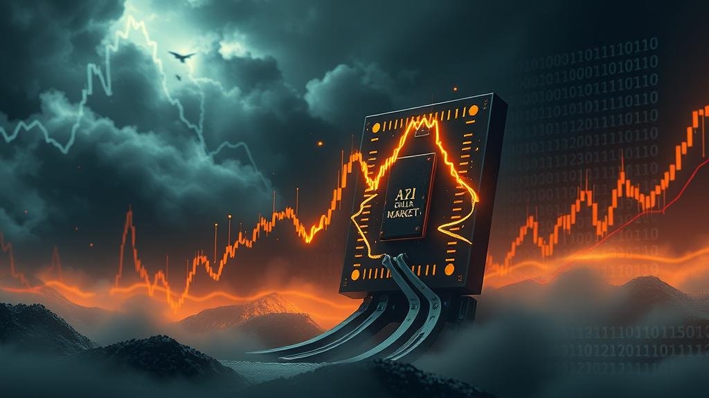 A dramatic illustration of a bull market transitioning into a bear market, with a focus on the semiconductor and AI industries. The image features a stylized, glowing microchip cracking under the pressure of a falling stock market graph. In the background, binary code and abstract AI neural network patterns fade into a stormy, dark sky, symbolizing uncertainty. The overall mood is one of tension and significant financial downturn.
