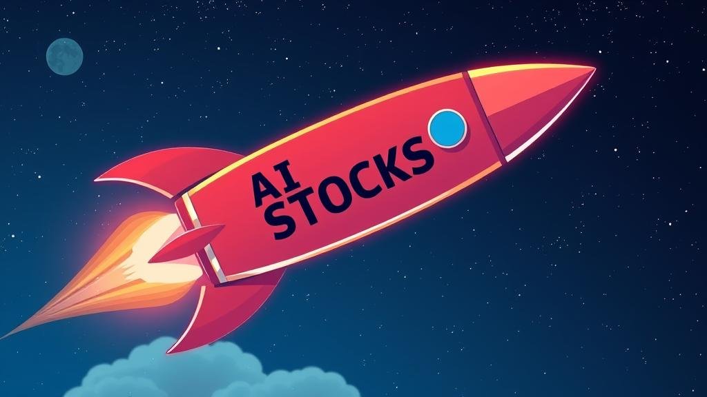 A rocket ship labeled AI STOCKS soaring high into the sky, representing the initial hype and rapid rise of the AI chip market.
