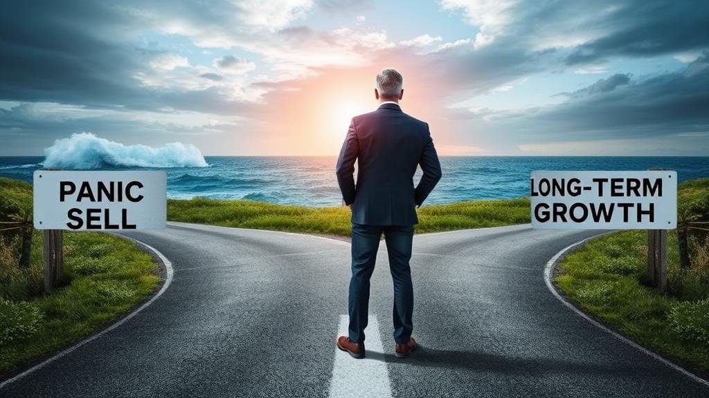 An investor standing at a fork in the road, with one path labeled PANIC SELL and the other LONG-TERM GROWTH.