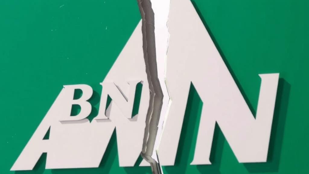 ABN Amro's logo cracked down the middle, symbolizing the company's major restructuring and job cuts.