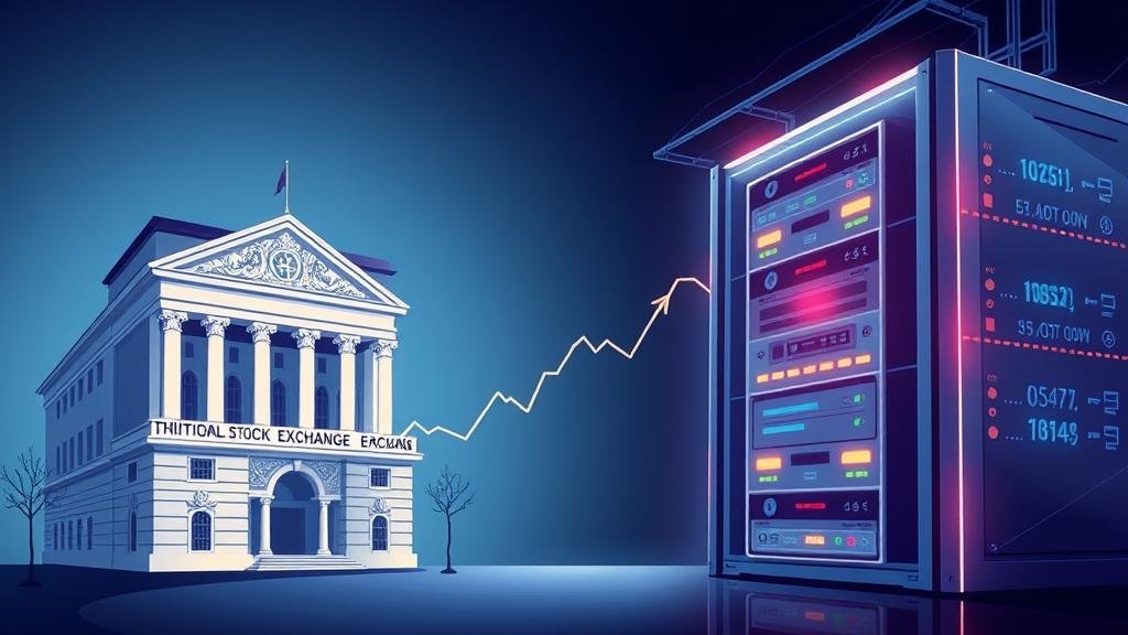 A dramatic illustration of stock tickers moving from a classic stock exchange building to a futuristic server rack, symbolizing migration to a tech-forward exchange.