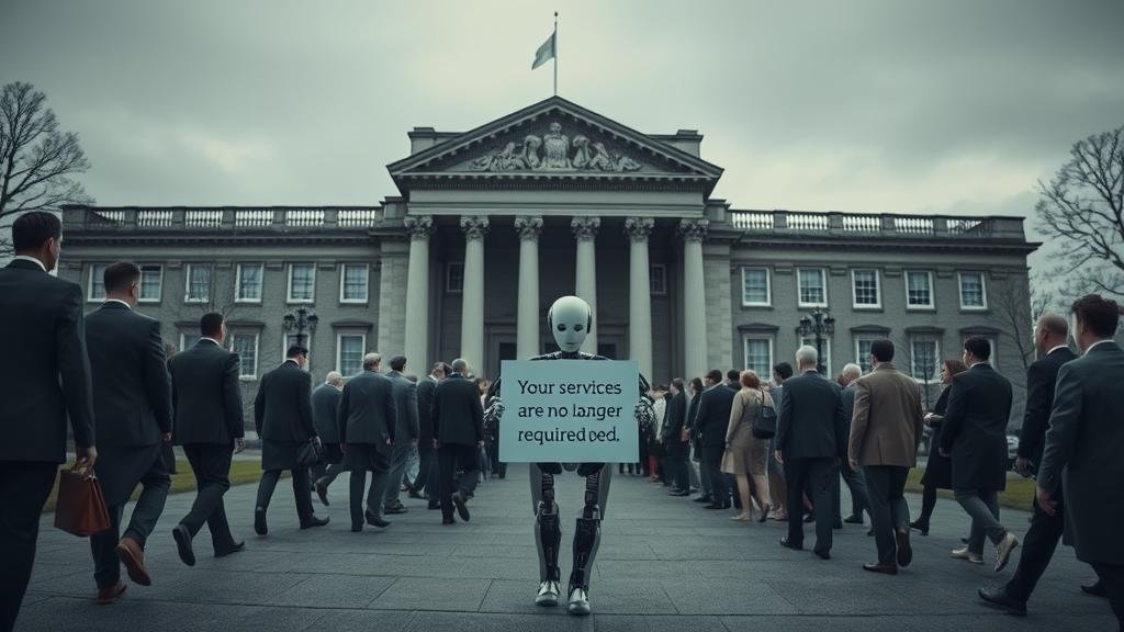 A powerful, impeccably dressed woman standing confidently in the center of a sleek, minimalist bank lobby. She is surrounded by holographic interfaces and data visualizations, symbolizing the transformation she is leading.