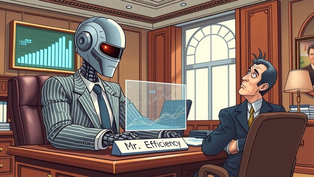 A futuristic robot in a pinstripe suit sitting at a large desk in a bank corner office reviewing financial charts on a holographic display, while a human looks on with trepidation.