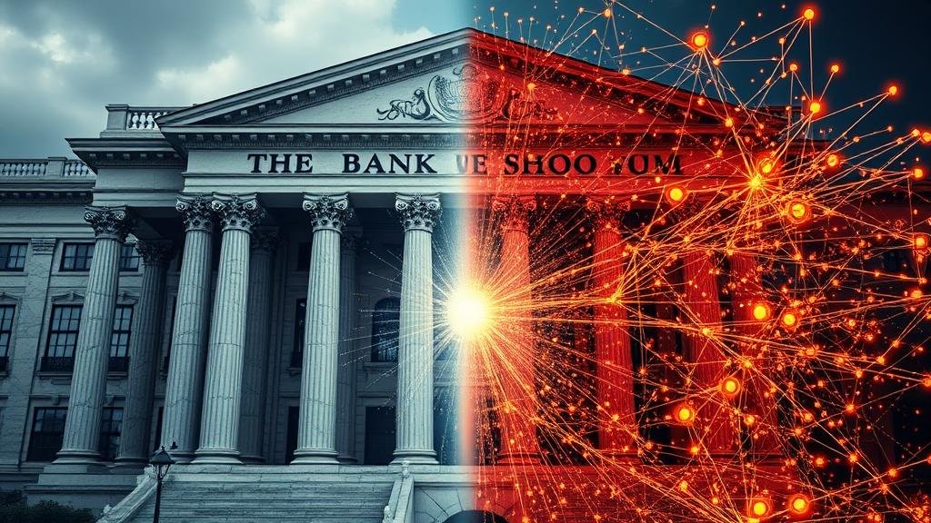 A classic marble-columned bank building dissolving into a dynamic, glowing network of data streams, representing the digital transformation of finance.