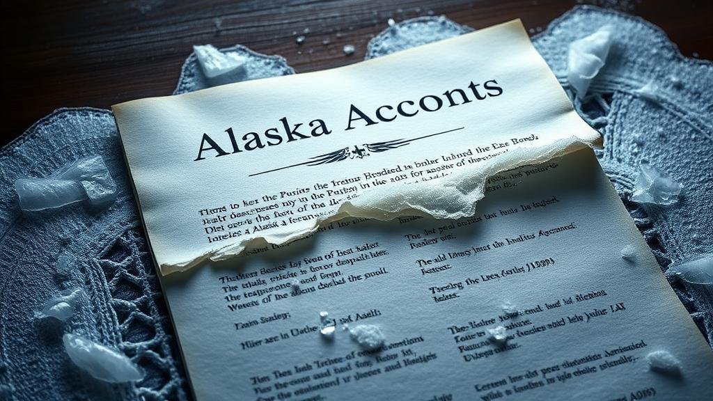 An evocative image of a fragile, partially frozen document titled 'Alaska Accords', hinting at the secretive and delicate nature of the peace plan discussed between Putin and Trump.