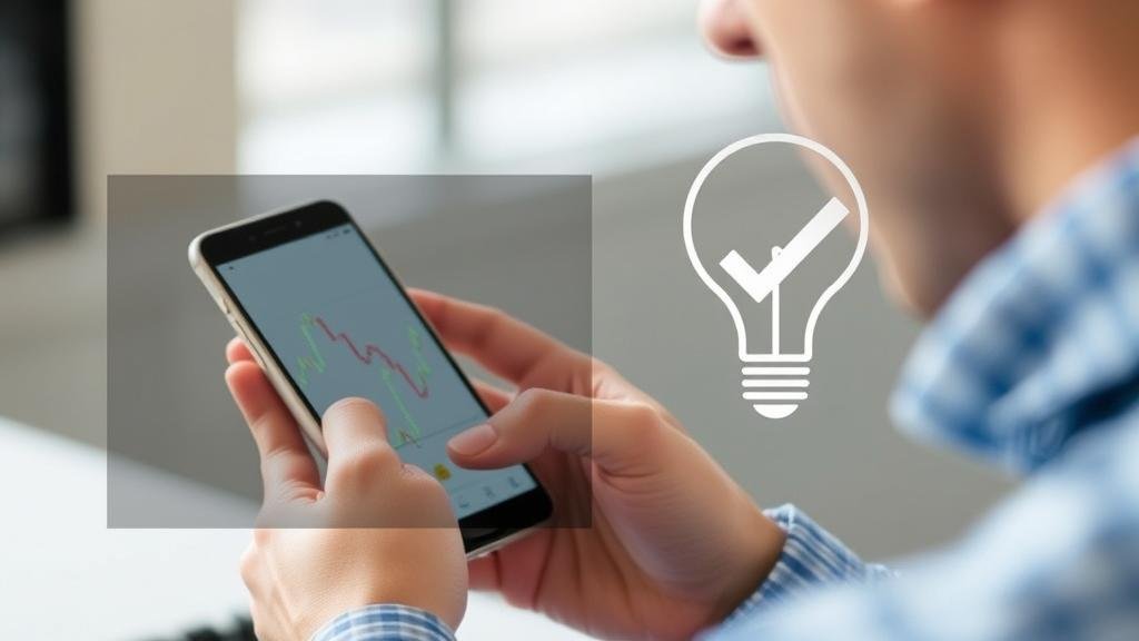 A person looking at a stock chart on their smartphone while a lightbulb icon with a checkmark overlays the image, symbolizing clear understanding.