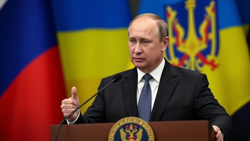 A stylized image of a Russian government official delivering a stern ultimatum at a podium, with the Russian and Ukrainian flags in the background, symbolizing the hardened stance in peace negotiations.