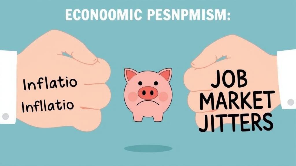 A visual metaphor for the causes of economic pessimism with hands labeled 'Inflation' and 'Job Market Jitters' squeezing a piggy bank.