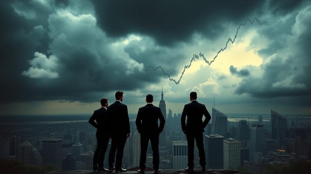 A cinematic, metaphorical image of a dark, stormy sky over a city skyline, where the clouds are shaped like a falling stock market graph. In the foreground, four powerful, silhouetted figures in business suits stand on a cliff, looking down at the city, conveying a sense of control and opportunity amidst the financial chaos.