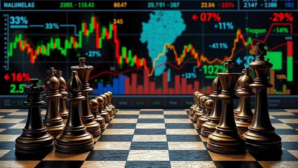 An image titled 'A Diplomatic Standoff with Global Consequences', depicting a high-stakes chess match between nations, with the chessboard placed on a backdrop of volatile stock market graphs, soaring gas prices, and disrupted global supply chains.