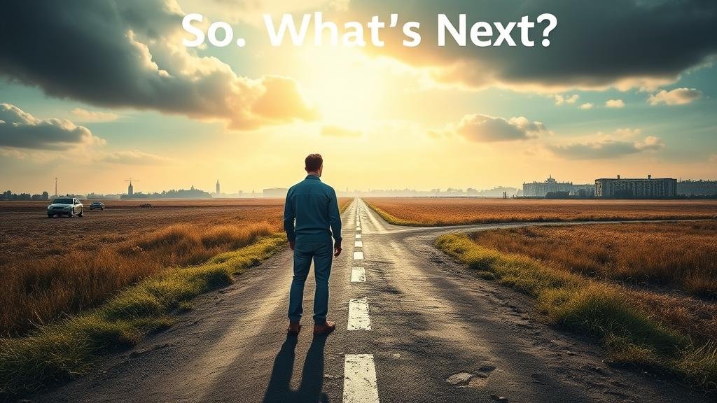 The final image, 'So, What's Next?', illustrating a pivotal moment for the future of Ukraine. A person stands at a crossroads, with one path leading towards a scene of conflict and the other towards a peaceful resolution, symbolizing the critical choice between war and compromise.