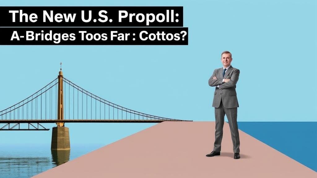 A visual representation of 'The New U.S. Proposal: A Bridge Too Far for Moscow?', showing a newly constructed bridge (the US proposal) stopping short of reaching the other side, where a symbolic representation of Moscow stands, arms crossed in rejection.