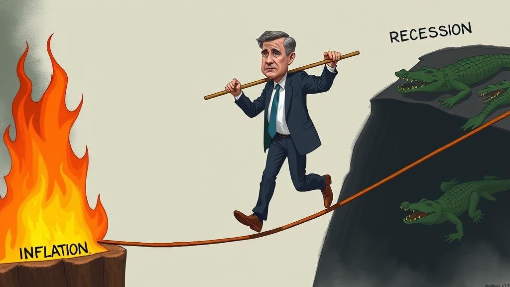 A photo-realistic image of a concerned-looking Jerome Powell walking a tightrope. On one side of the tightrope is a roaring fire labeled 'INFLATION'. On the other side is a dark pit with snapping crocodiles labeled 'RECESSION'. He is carefully balancing a pole labeled 'INTEREST RATES'.