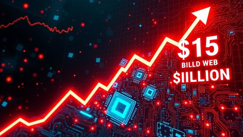 A dramatic illustration of the tech stock market crashing, with glowing silicon chips and circuit board patterns integrated into a steep downward-trending graph, symbolizing a massive $115 billion sell-off.