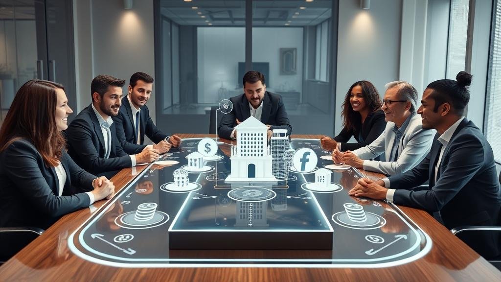 A forward-thinking boardroom collaborating around a holographic table displaying a diversified portfolio.