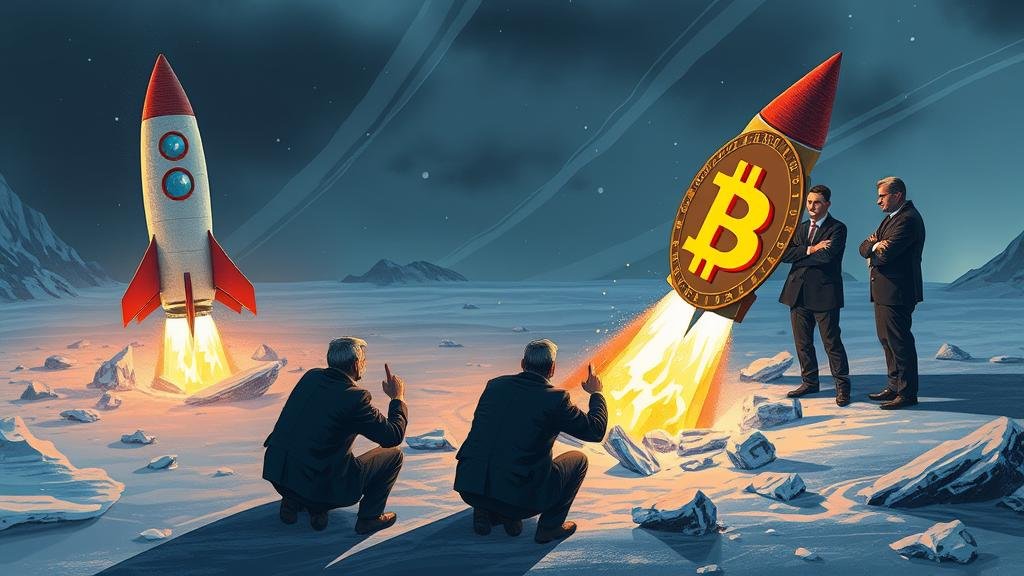 A crashed Bitcoin rocket in a crypto winter with worried corporate executives.