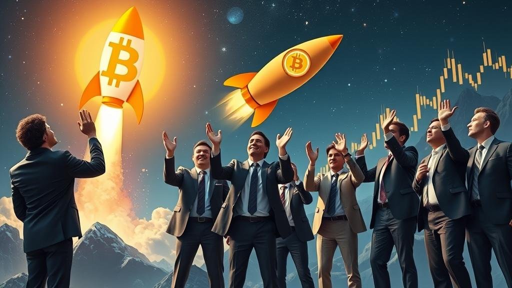 A futuristic digital gold rush with corporate executives cheering as a Bitcoin rocket launches.