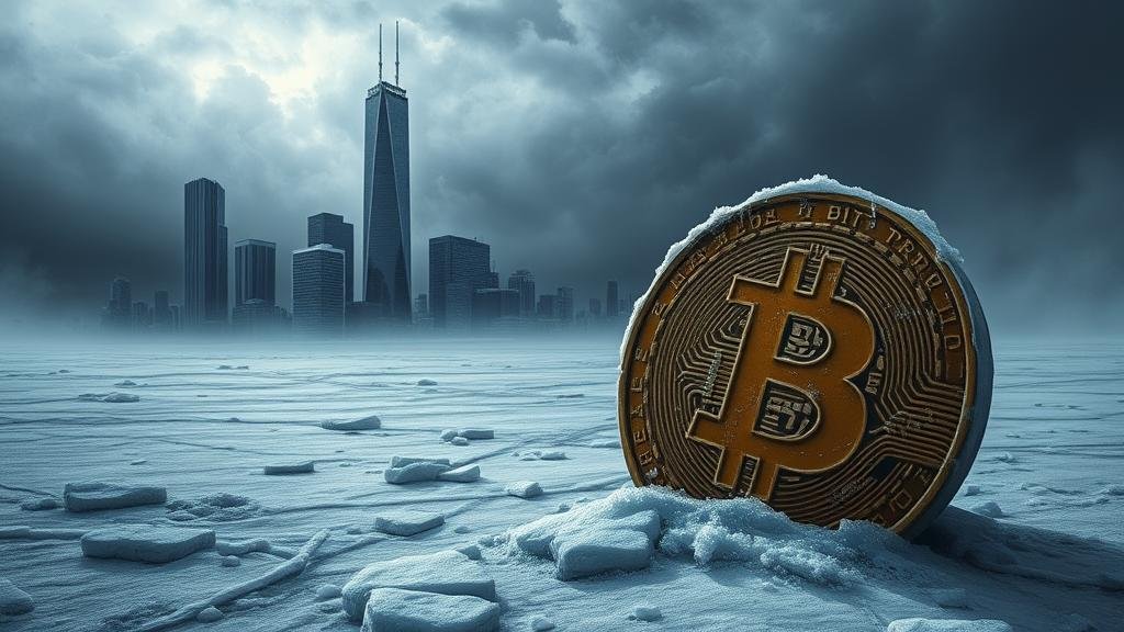 A dramatic digital painting of a bleak, frozen landscape under a gray, stormy sky. The ground is littered with large, cracked, and ice-covered Bitcoin symbols. In the distance, the silhouettes of modern corporate skyscrapers are encrusted with frost and icicles, conveying a sense of deep freeze and financial hardship.