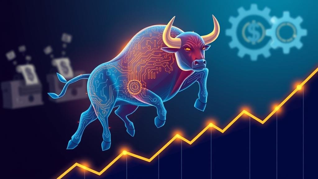A stylized digital illustration of a powerful bull, its body made of glowing blue and gold circuit patterns, charging upwards along a steep, ascending graph line. In the background, subtly blurred, are printing presses issuing currency with deflating symbols and a series of interconnected, glowing gears symbolizing innovation. The overall tone is optimistic and forward-thinking.