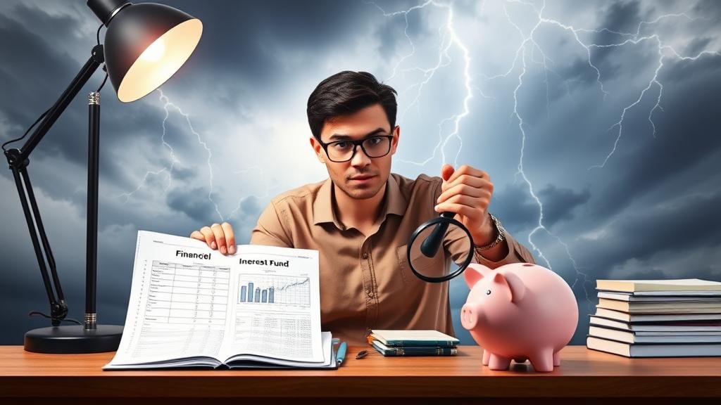 An empowering image of a person creating a financial game plan. They are sitting at a desk with a budget spreadsheet, a piggy bank for an emergency fund, and are using a magnifying glass to compare interest rates online. In the background, a stormy sky with lightning bolts represents economic uncertainty, but the person is focused and determined under a desk lamp.