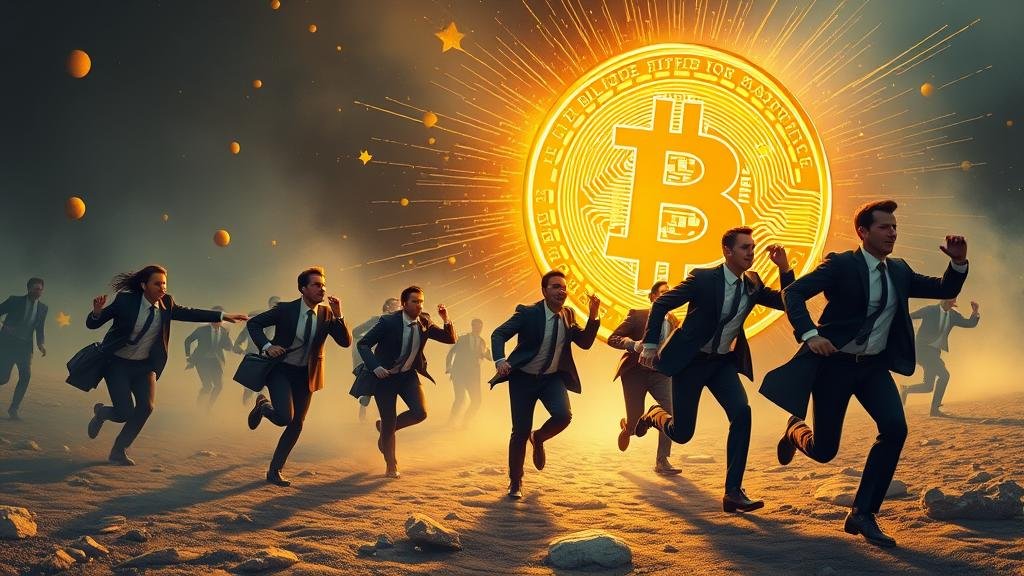 A depiction of the corporate 'gold rush' with business people racing towards a glowing Bitcoin, symbolizing the FOMO and the hunt for higher yields.