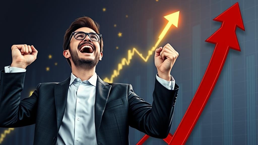 A suited executive celebrating as a crypto chart skyrockets, then a sudden, dramatic crash shown by a red downward arrow, capturing the boom and bust of digital asset treasuries.