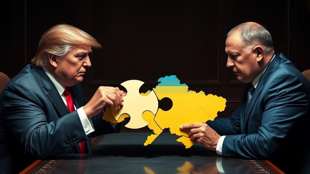 A 'Trump envoy' and a Kremlin official in a clandestine meeting, exchanging a puzzle piece in the shape of Donetsk from a map of Ukraine, symbolizing a secret 'peace deal'.