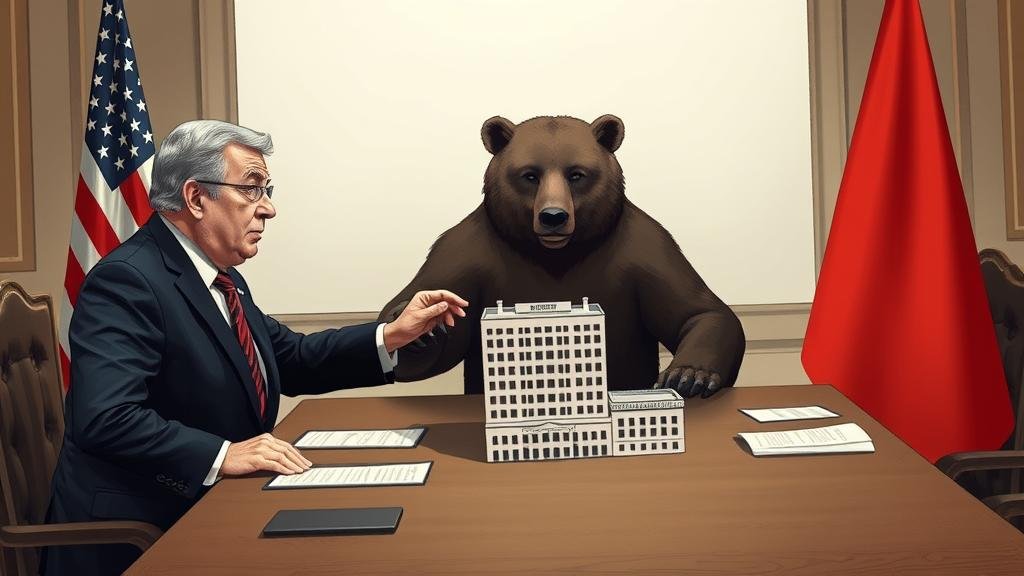 A real estate developer, 'Steve Witkoff,' at a diplomatic table, pushing a model of a building towards a Russian bear, illustrating the unconventional and transactional nature of the proposed foreign policy.